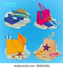 Beautiful vector collection of bright beach compositions. Striped hat, beach bag, towel, flip flops, asteroids, goggles in realistic and vivid style.