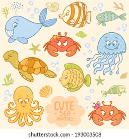 Beautiful vector collection with cute cartoon marine animals