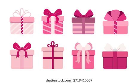 Hermosa colección de Vector ocho cajas de regalo de color rosa. conjunto de diseño plano, con varios arcos y patrones, para cumpleaños, vacaciones, Día de San Valentín, o cualquier celebración especial.