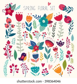 Hermosa colección vectorial con flores y hojas. Impresión de arte primaveral con elementos botánicos. Colección romántica.