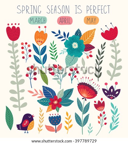 Beautiful vector collection with flowers and leaves. Spring art print with botanical elements
