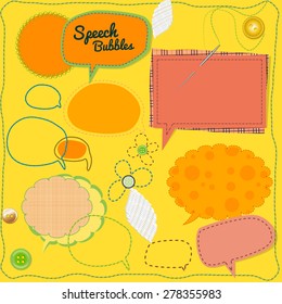 Beautiful vector collection of scrap-booking patchwork speech bubbles with seams, needle and buttons. Ideal for different sale advertisement, needlework shops and fashion decoration. 