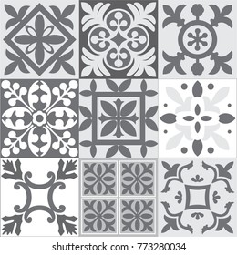 beautiful vector collection of seamless floral and geometrical patterns with grey dark grey and white colors. great for tile, pottery woks, ceramic, textile, packaging, wrapping paper and other prints