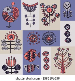 
beautiful vector color set with plants and bird in nordic style