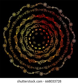 Beautiful vector colored art on black background. Hand drawn flourish, herbal bohemian mandala. Bright yellow, orange and red colors. Boho, tribal ethnic design, perfect for t-shirt, posters and more