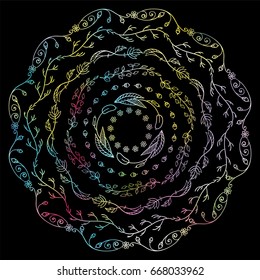 Beautiful vector colored art on black background. Hand drawn flourish, herbal bohemian mandala. Festive blue, yellow, green, lilac, pink colors. Abstract design, perfect for t-shirt, posters and more