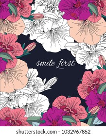 Beautiful vector colorful background with spring flowers and text first smile on a dark background