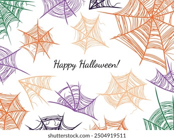 Beautiful vector colorful banner with spider web for Happy Halloween celebration. Hand drawn vector sketch illustration in doodle engraved vintage line art style. Autumn mystery holiday