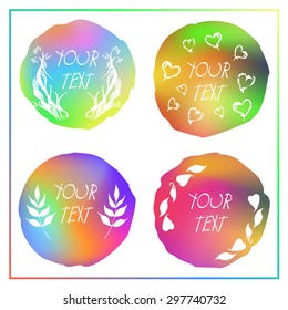 Beautiful vector colorful watercolor isolated gradient circles form template Set of design elements with branch, leaves, hearts