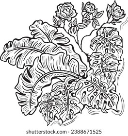 Hermosa página de coloreado vectorial plantas tropicales, colección de flores, composición de elementos decorativos para el diseño de invitación, arreglo de boda. deco de cubierta. Ilustración dibujada a mano, fiesta romántica.