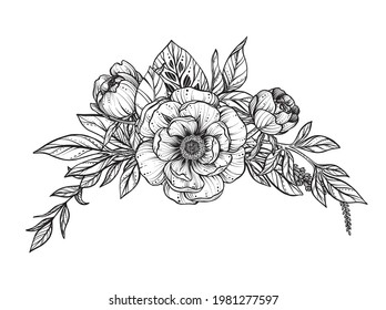 Beautiful vector composition of black and white peony flowers,, isolated on white background. Amasing hand drawn illustration for polygraphic design, coloring book.