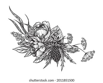 Beautiful vector composition of black and white feverweed, peony flowers, isolated on white background. Amasing hand drawn illustration for polygraphic design, coloring book.