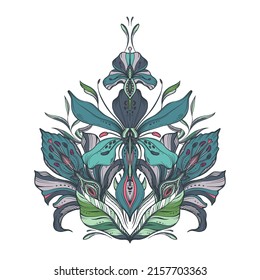 Beautiful vector composition with hand drawn floral elements, leaves. Colorful bouquet of fansy flowers