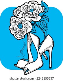 Beautiful vector composition. High heels shoes decorated with rose flowers. Wedding style invitation, fashion poster, postcard print, shoe shop logo design, shopping sale promotion. Hand drawing.