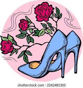 Beautiful vector composition. High heels shoes decorated with rose flowers. Wedding style invitation, fashion poster, postcard print, shoe shop logo design, shopping sale promotion. Hand drawing.