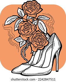 Hermosa composición vectorial. Zapatos altos decorados con flores de rosa. Invitación al estilo bodas, afiche de moda, impresión postal, diseño del logo de la tienda de zapatos, promoción de la venta de compras. Dibujo manual.