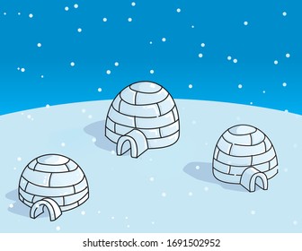 Beautiful vector composition of three illustrated igloos in a snowing blue background in a toon style.