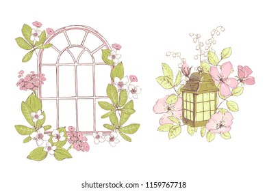 Beautiful vector compositions, wild flowers, window, lamp, old garden. Compositions for wedding decor, spring pastel color decorations.