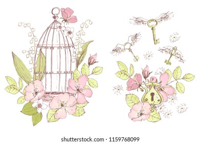 Beautiful vector compositions, wild flowers, keys, cage. Freedom symbol. Compositions for wedding decor, spring pastel color decorations.