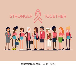 Beautiful vector concept flat design on women of the world against breast cancer. Diverse group of supportive women wearing pink supporting breast cancer awareness