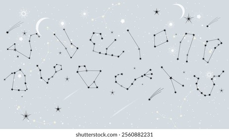 Beautiful vector of constellations on a serene light background with shooting stars, moons, and sparkles. Perfect for astronomy, zodiac, or celestial-themed projects.