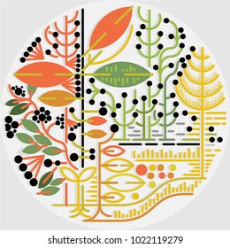 beautiful vector of constructive linear floral and geometric graphic on round background. with colorful leaves, lines and dots. great for Coaster design, art poster, wallpaper, package and other print