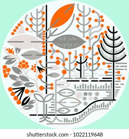 beautiful vector of constructive linear floral and geometric graphic on round background. with colorful leaves, lines and dots. great for Coaster design, art poster, wallpaper, package and other print