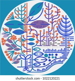 beautiful vector of constructive linear floral and geometric graphic on round background. with colorful leaves, lines and dots. great for Coaster design, art poster, wallpaper, package and other print