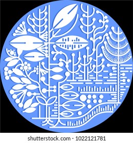 beautiful vector of constructive linear floral and geometric graphic on round background. with  leaves, lines and dots. great for Coaster design, art poster, wallpaper, package and other print