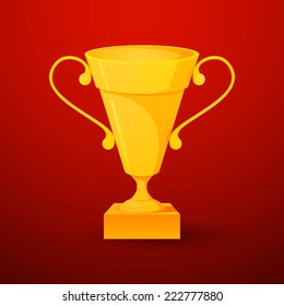 Beautiful vector cup of winner on gala red background, icon competition in realistic style