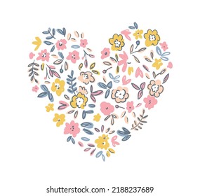 Beautiful vector cute abstract flower heart in childish style. Simple pretty flowers with leaves in the shape of a heart. Modern style for creating cards, decor, textile, invitation, posters