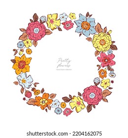 Beautiful vector cute abstract flower wreath in childish style. Simple pretty flowers with leaves in the shape of a heart. Modern style for creating cards, decor, textile, invitation, posters