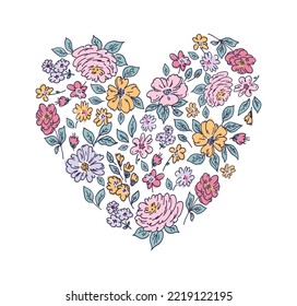 Beautiful vector cute abstract flower heart in childish style. Simple pretty flowers with leaves in the shape of a heart. Modern style for creating cards, decor, textile, invitation, posters