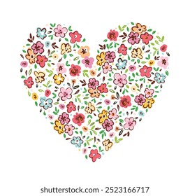Beautiful vector cute abstract flower heart in childish style. Simple pretty flowers with leaves in the shape of a heart. Modern style for creating cards, decor, textile, invitation, posters