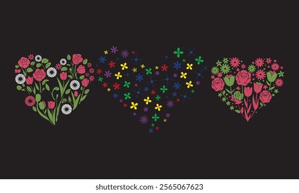 Beautiful vector cute abstract flower heart in childish style. Simple pretty flowers with leaves in the shape of a heart. Modern style for creating cards, decor,