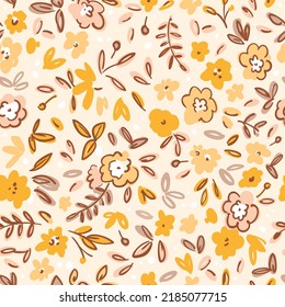 Hermoso vector lindo flores abstractas sin fisuras patrón en estilo infantil. Flores simples y bonitas con hojas. Fondo moderno para textiles, embalajes, diseños, tejidos de moda, papel tapiz