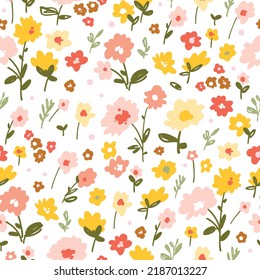 Beautiful vector cute abstract flowers seamless pattern in childish style. Simple pretty flowers with leaves. Modern background for textiles, packaging, designs, fashion fabric, wallpaper