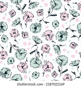 Hermoso vector lindo flores abstractas sin fisuras patrón en estilo infantil. Flores simples y bonitas con hojas. Fondo moderno para textiles, embalajes, diseños, tejidos de moda, papel tapiz