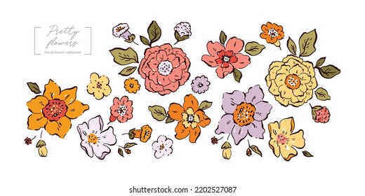 Beautiful vector cute abstract flowers collection in childish style. Simple pretty flowers with leaves. Modern style for creating cards, decor, textile, invitation, posters, packaging