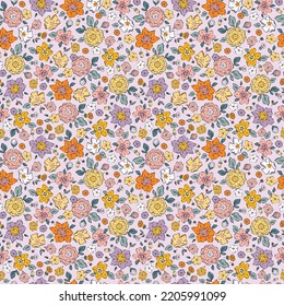Beautiful vector cute abstract flowers seamless pattern in childish style. Simple pretty flowers with leaves. Modern background for textiles, packaging, designs, fashion fabric, wallpaper