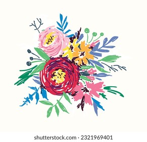 Beautiful vector cute abstract flowers bouquet in in simple style. Simple pretty flowers with leaves. Modern style for creating cards, decor, textile, invitation, posters, packaging