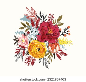 Beautiful vector cute abstract flowers bouquet in in simple style. Simple pretty flowers with leaves. Modern style for creating cards, decor, textile, invitation, posters, packaging