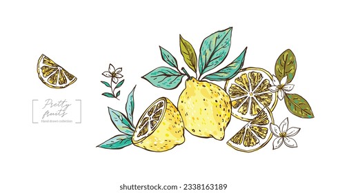 Beautiful vector cute abstract lemon in childish style. Simple pretty lemon, lemon slice, leaves and flowers. Modern style for creating cards, decor, textile, invitation, posters, packaging