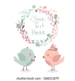 Beautiful Vector Cute Greeting Card With Floral Frame And Birds In Love Together. Can Be Used  As Invitation Card For Wedding,birthday And Other Holidays. With Space For Text