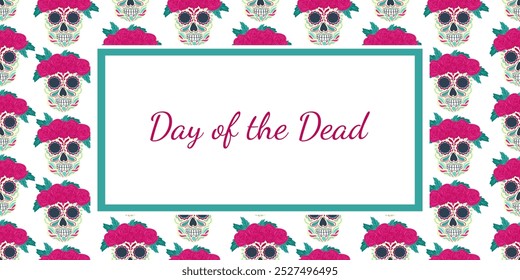 Beautiful vector Day of the Dead banner, invitation greeting card design. Hand drawn vector illustration. Seamless pattern design. Decorated skull with rose wreath for Dia de los Muertos