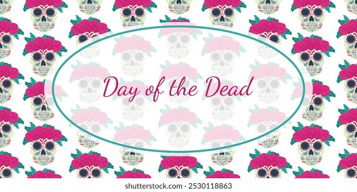 Beautiful vector Day of the Dead banner, invitation greeting card design. Hand drawn vector illustration. Seamless pattern design. Decorated skull with rose wreath for Dia de los Muertos