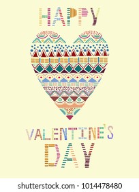 beautiful  vector of decorative geometric ethnic ornamental heart with hand drawn objects, text happy valentines day. great for valentine gift wrapping paper, greeting card, open card and other prints
