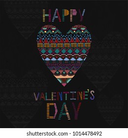 beautiful  vector of decorative geometric ethnic ornamental heart with hand drawn objects, text happy valentines day. great for valentine gift wrapping paper, greeting card, open card and other prints