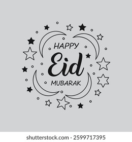  A beautiful vector design featuring twinkling stars and crescent shapes, symbolizing Ramadan nights with the text "Happy Eid Mubarak," perfect for festive greetings and decorations.