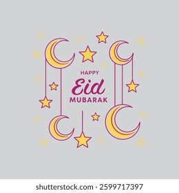  A beautiful vector design featuring twinkling stars and crescent shapes, symbolizing Ramadan nights with the text "Happy Eid Mubarak," perfect for festive greetings and decorations.